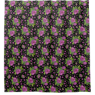 Cortina De Ducha Patrón Floral Lila Rosa Verde Negro