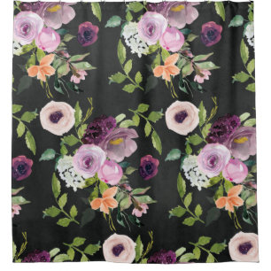 Cortina De Ducha Patrón floral malvado y lilac en negro