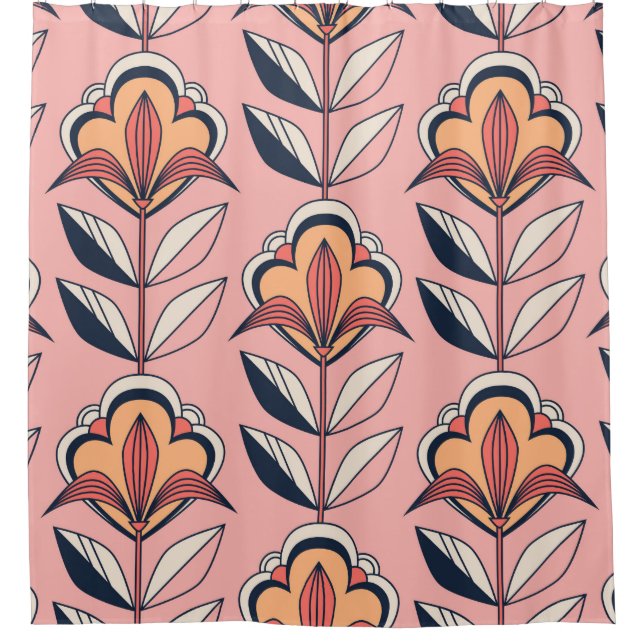 Cortina De Ducha patrón floral retro transparente (Anverso)