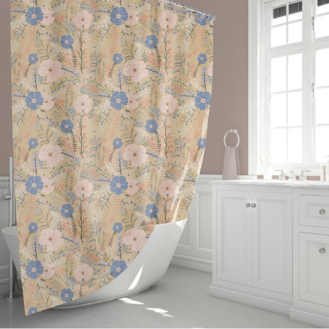 Cortina De Ducha Patrón floral rosa elegante (Elegant Blue Caramel And Pink Floral Pattern Shower Curtain from Studio Posies.)