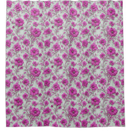 Cortina De Ducha Patrón floral rosa vibrante con flores magenta