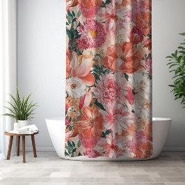 Cortina De Ducha Patrón floral rosado naranja