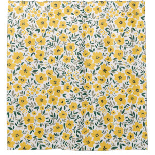 Cortina De Ducha Patrón floral sin foco, flores amarillas pequeñas.