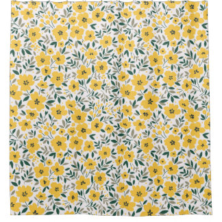 Cortina De Ducha Patrón floral sin foco, flores amarillas pequeñas.