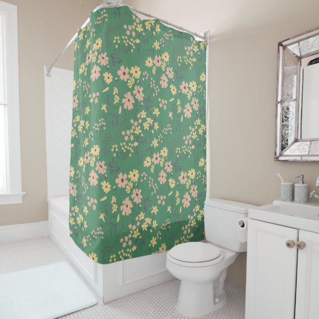 Cortina De Ducha Patrón floral verde boho moderno (In situ)