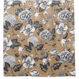 Cortina De Ducha Patrón floral vintage en bronceado y gris