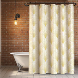 Cortina De Ducha Patrón Geométrico Art-Deco En Oro Y Blanco