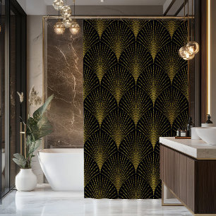 Cortina De Ducha Patrón Geométrico Art-Deco En Oro Y Negro