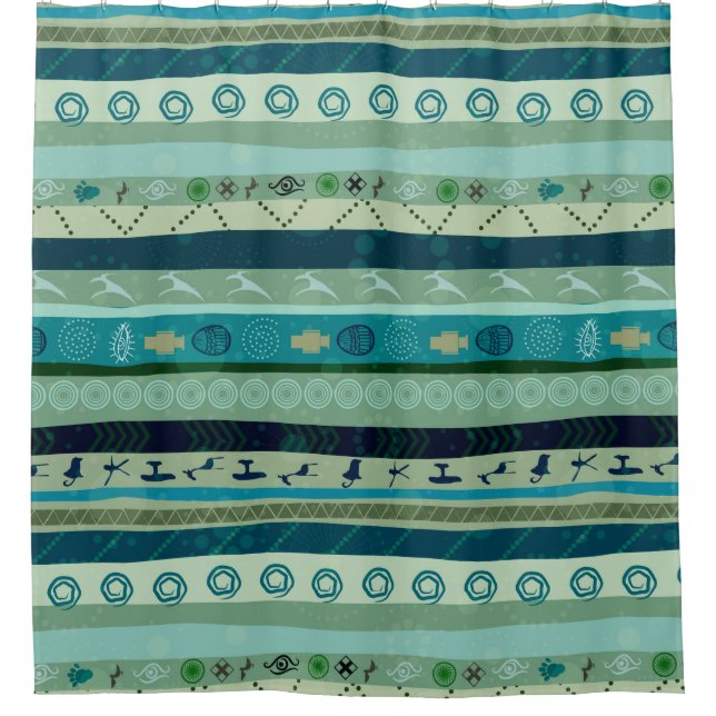 Cortina De Ducha Patrón geométrico de bandas trigales de tonos verd (Anverso)