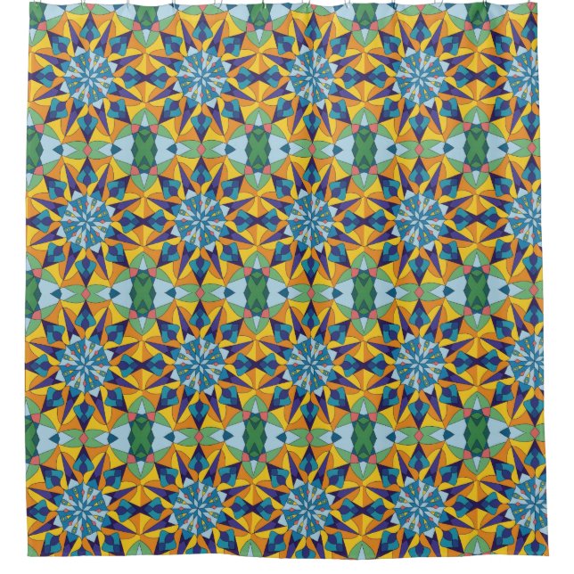 Cortina De Ducha Patrón geométrico fractal azul y amarillo (Anverso)