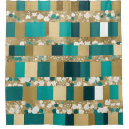 Cortina De Ducha Patrón Geométrico verde azulado Verde Y Oro Con Fl