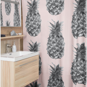 Cortina De Ducha Patrón Gris Tropical y Piña Rosa Sin Marea
