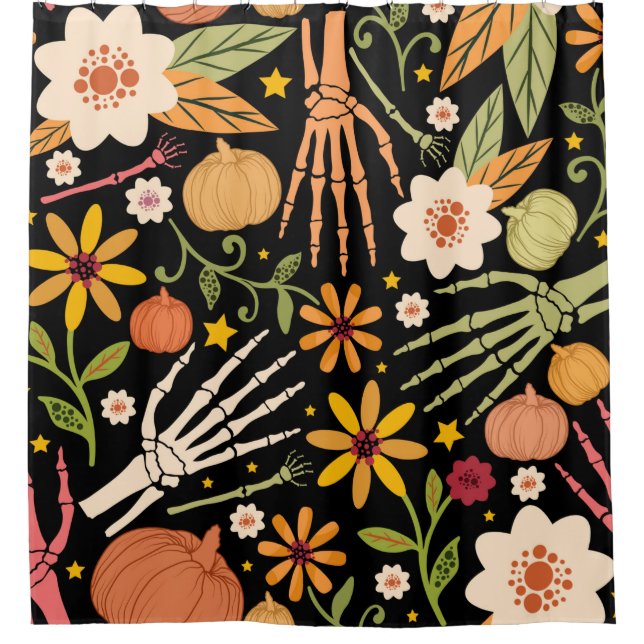 Cortina De Ducha Patrón ininterrumpido de Halloween con huesos y fl (Anverso)