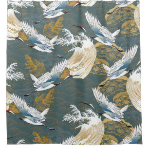 Cortina De Ducha Patrón japonés de aves de gránulas vintage