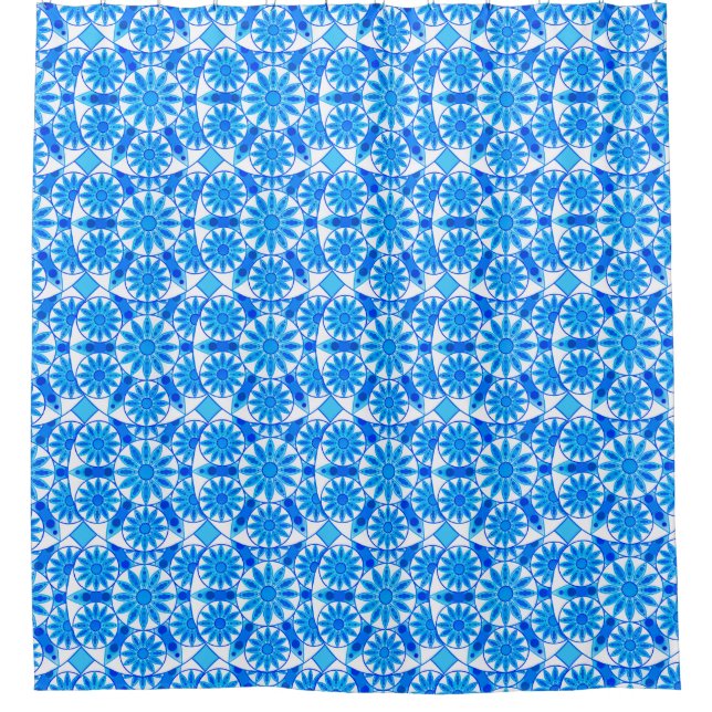 Cortina De Ducha Patrón Mandala, azul cobalto, turquesa y blanco (Anverso)