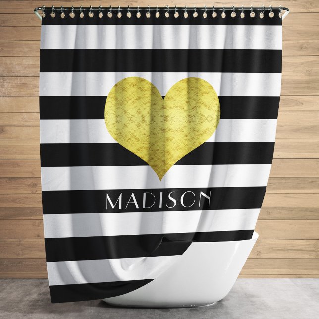 Cortina De Ducha Patrón Moderno De Rayas Negra Y Blanca (Gold Heart Black White Stripes Pattern Name Shower Curtain)