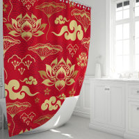 Patrón Oriental Floral de Loto Rojo y Dorado