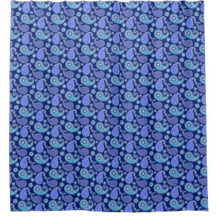 Cortina De Ducha Patrón paisley, azul cobalto y blanco