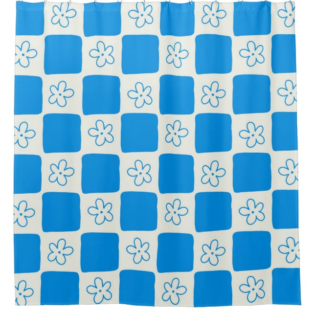 Cortina De Ducha Patrón Preppy Blue Flower Checkpoint (Anverso)