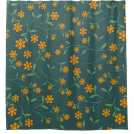 Cortina De Ducha Patrón Retro Floral Naranja Oscuro Teal