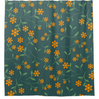 Cortina De Ducha Patrón Retro Floral Naranja Oscuro Teal