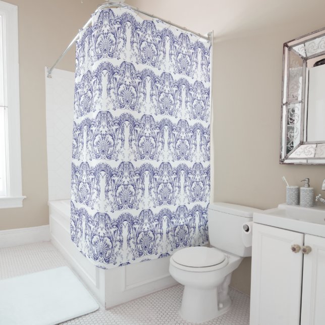 Cortina De Ducha Patrón rococo barroco azul y blanco (In situ)