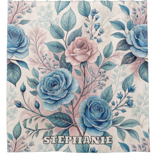 Cortina De Ducha Patrón rosa azul y rosa sobre blanco rosado suave