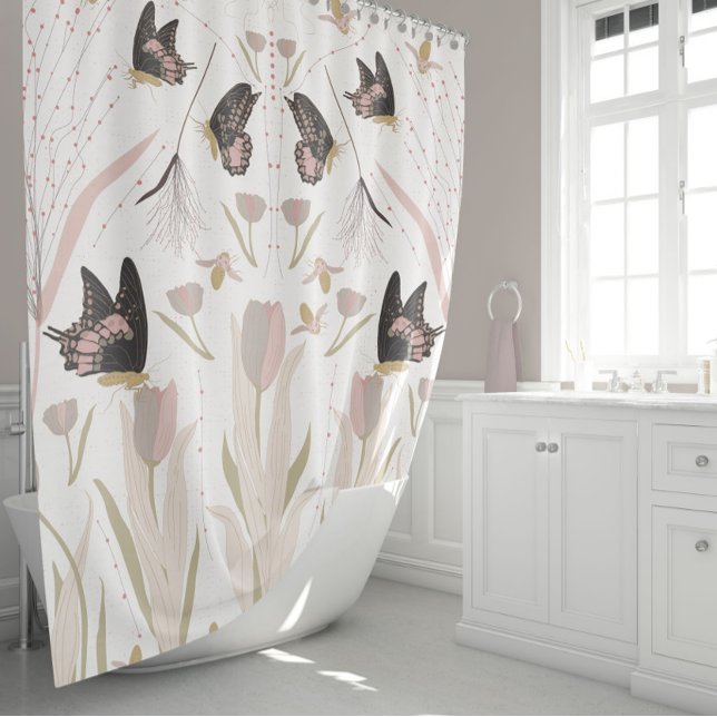 Cortina De Ducha Patrón rosado de las mariposas Tulips (Elegant Black Pink Gold Butterflies Bees Tulips Shower Curtain from Studio Posies.)