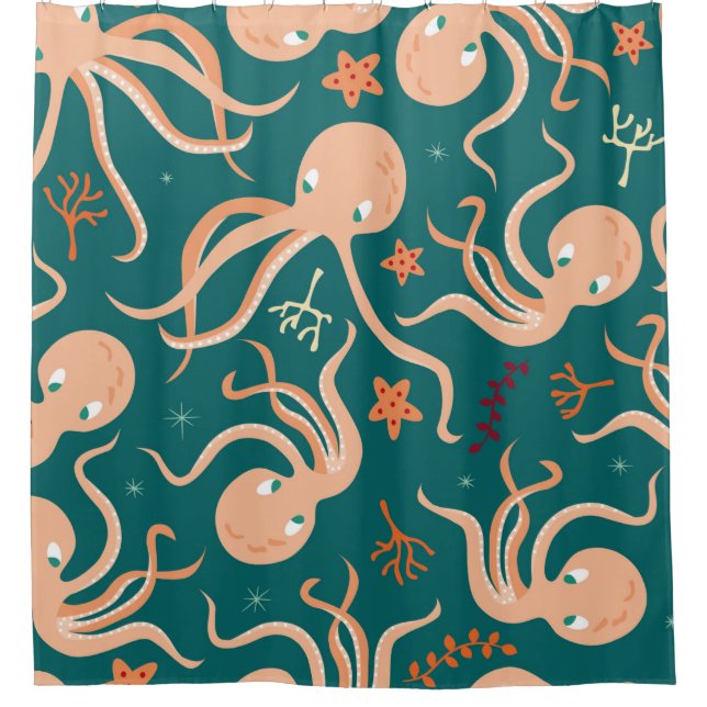Cortina De Ducha Patrón sin foco con animales submarinos, submarino (Anverso)