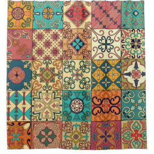 Cortina De Ducha Patrón sin foco con azulejos portugueses en talave