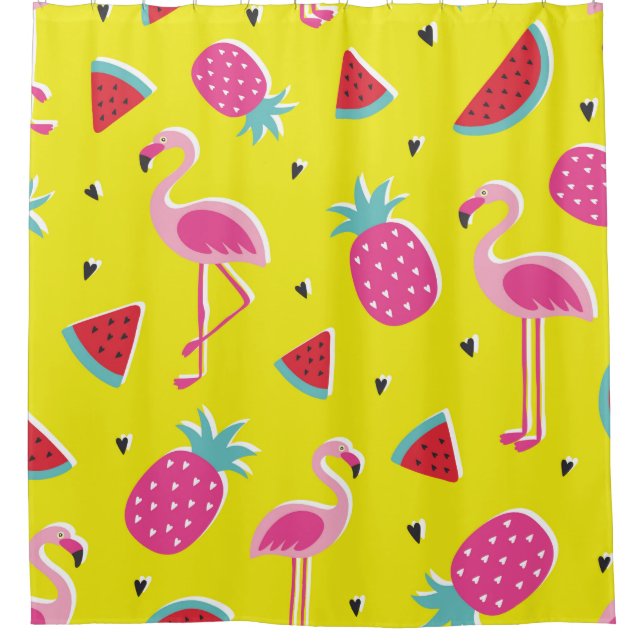 Cortina De Ducha  patrón tropical con piña rosa, flamencos, w (Anverso)
