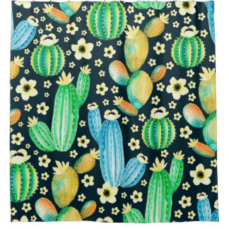 Cortina De Ducha Patrón vintage con suculentos. Cactus acuarela