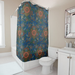 Cortina De Ducha Patrón Vintage Floral Japonés Azul Real