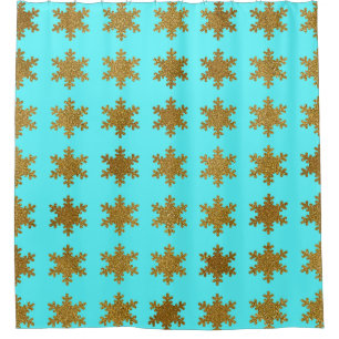 Cortina De Ducha Patrones de copo de nieve dorados brillantes azul 