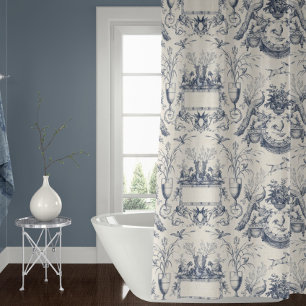 Cortina De Ducha Pavo Vintage Toile Azul Blanco Gallo y Conejo