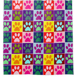 Cortina De Ducha Paws multicolores en cuadrados multicolores