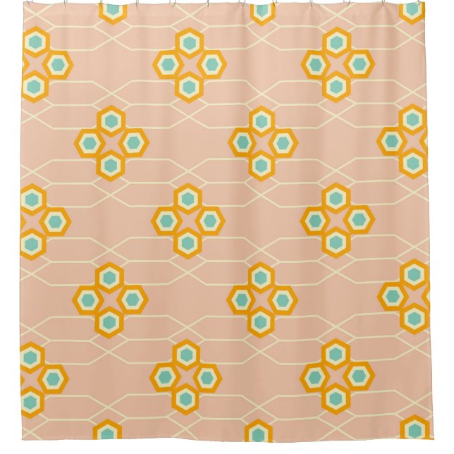 Cortina De Ducha Peach background hexagonal floral pattern  (Anverso)