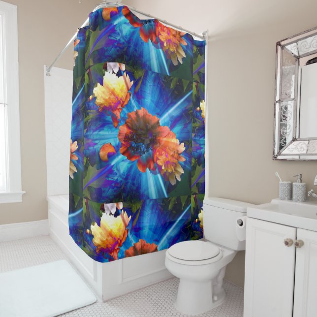 Cortina De Ducha Peonies in Blue Light (In situ)