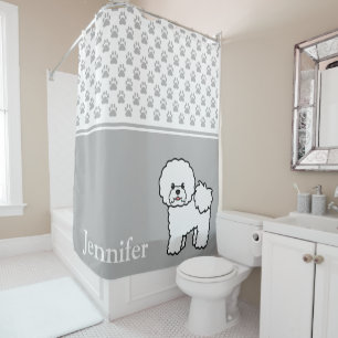 Cortina De Ducha Perro Bichon Frise Lindo Con Nombre Y Huellas Gris