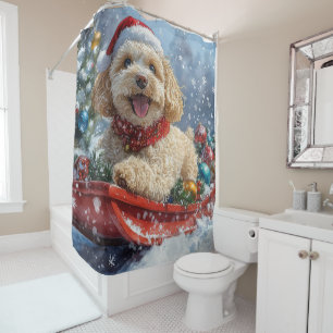 Cortina De Ducha Perro Cockapoo en Trineo Deja que Nieve Navidad