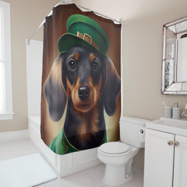 Cortina De Ducha Perro de Dachshund con vestido de San Patricio (In situ)
