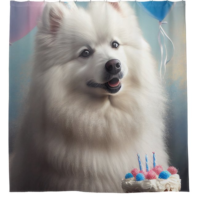 Cortina De Ducha perro esquimal americano con globos cumpleaños (Anverso)