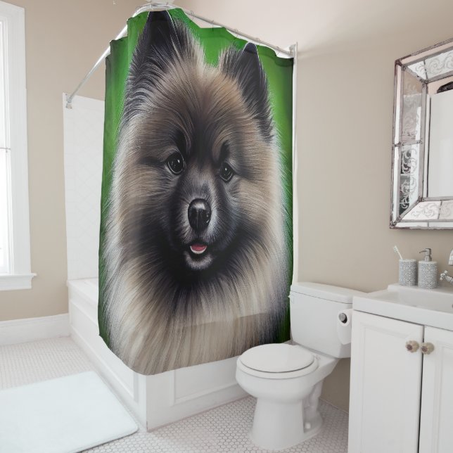 Cortina De Ducha Perro Keeshond con vestido de San Patricio (In situ)