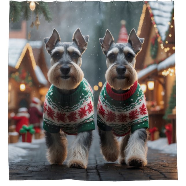 Cortina De Ducha Perros Schnauzer Navidad Nieve Fiesta  (Anverso)