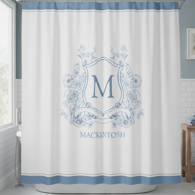 Cortina de ducha personalizada con monograma vinta (personalized elegant blue toile french provincial family crest monogram shower curtain)