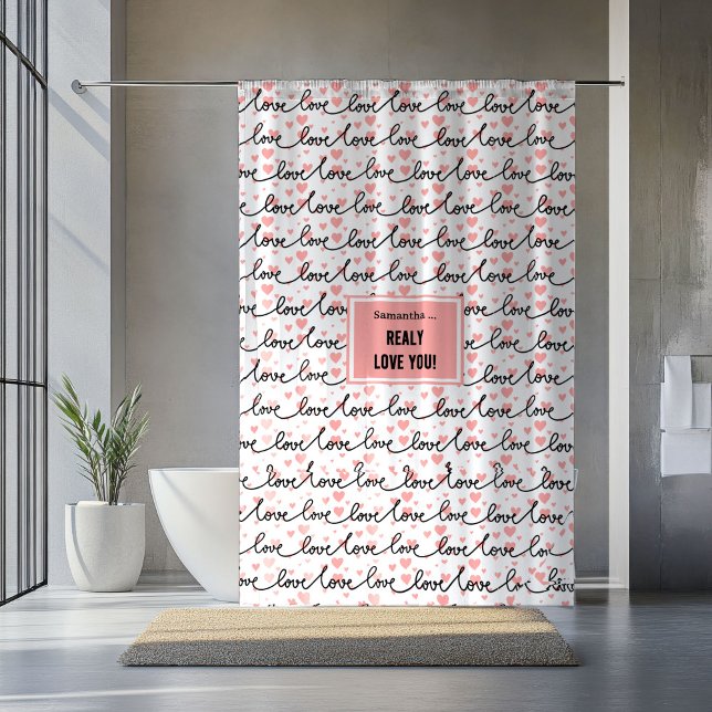 Cortina de ducha personalizada de San Valentín ros (Personalized Wedding Shower Curtain Pink Black Hearts)