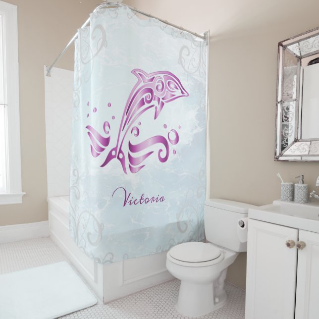 Cortina de ducha personalizada para delfín magenta (In situ)