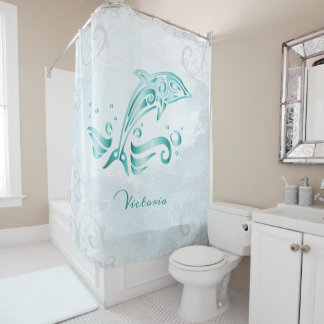 Cortina de ducha personalizada para delfines verde