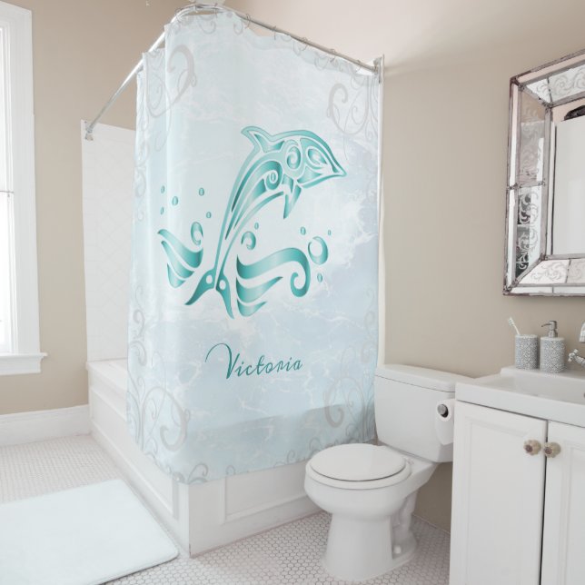 Cortina de ducha personalizada para delfines verde (In situ)