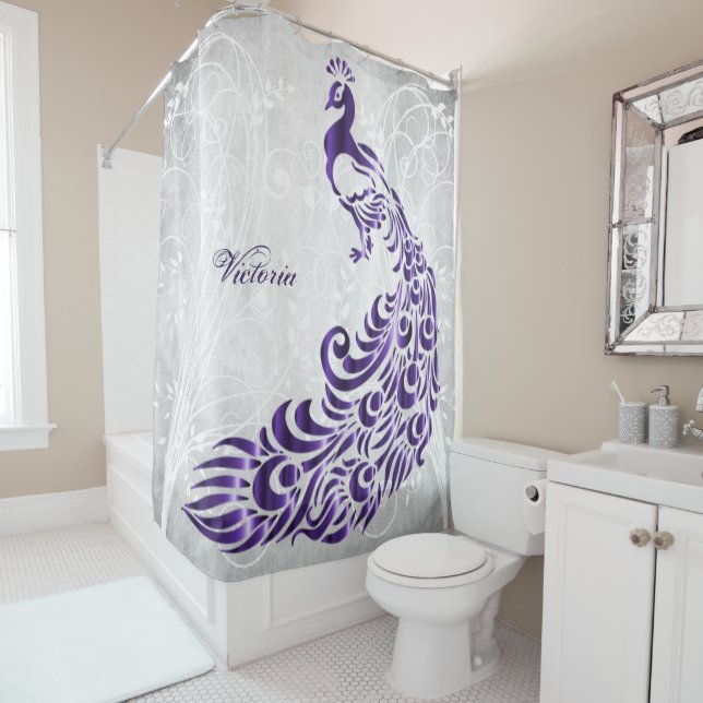 Cortina de ducha personalizada Purple Peacock (In situ)